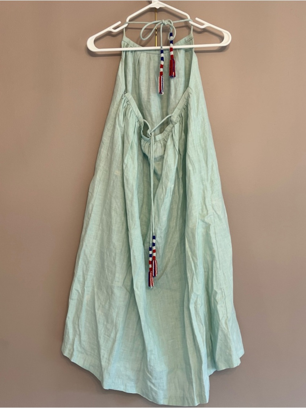 Pepin Anthropologie Linen Halter Dress MIDI Size 0 Aqua Beaded Pocket New Damage - Picture 4 of 14